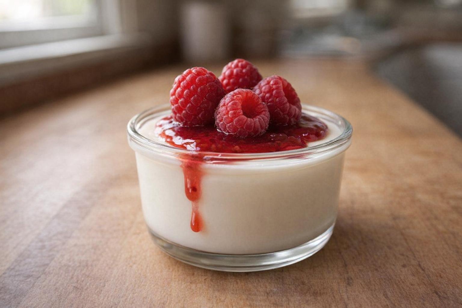 A perfectly set panna cotta in a small glass ramekin, topped with fresh raspberries and a drizzle of raspberry sauce, soft natural light